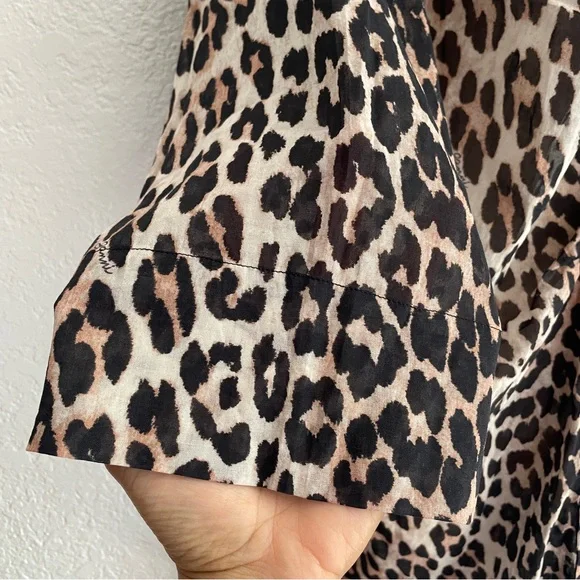 Ganni Leopard Print Button Down Blouse Black Tan Size 40 (US 8) Animal Print Top - Picture 6 of 10